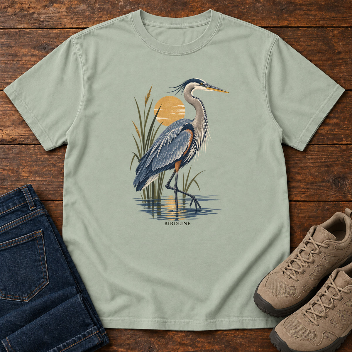 Great Blue Heron Sunrise T-Shirt in Bay