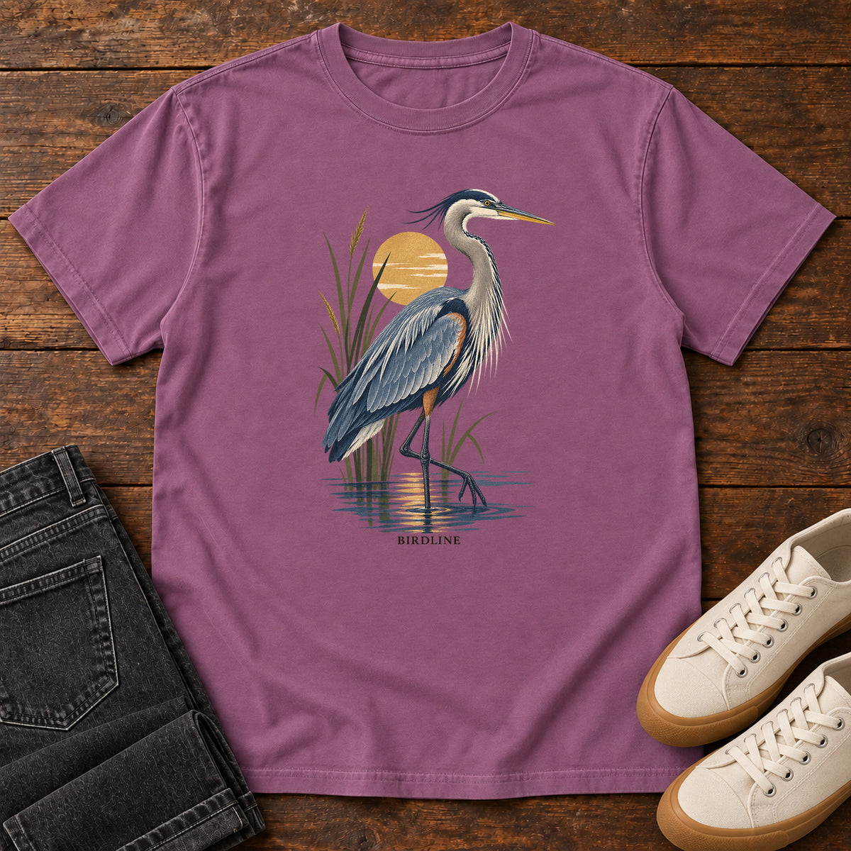 Great Blue Heron Sunrise T-Shirt in Berry