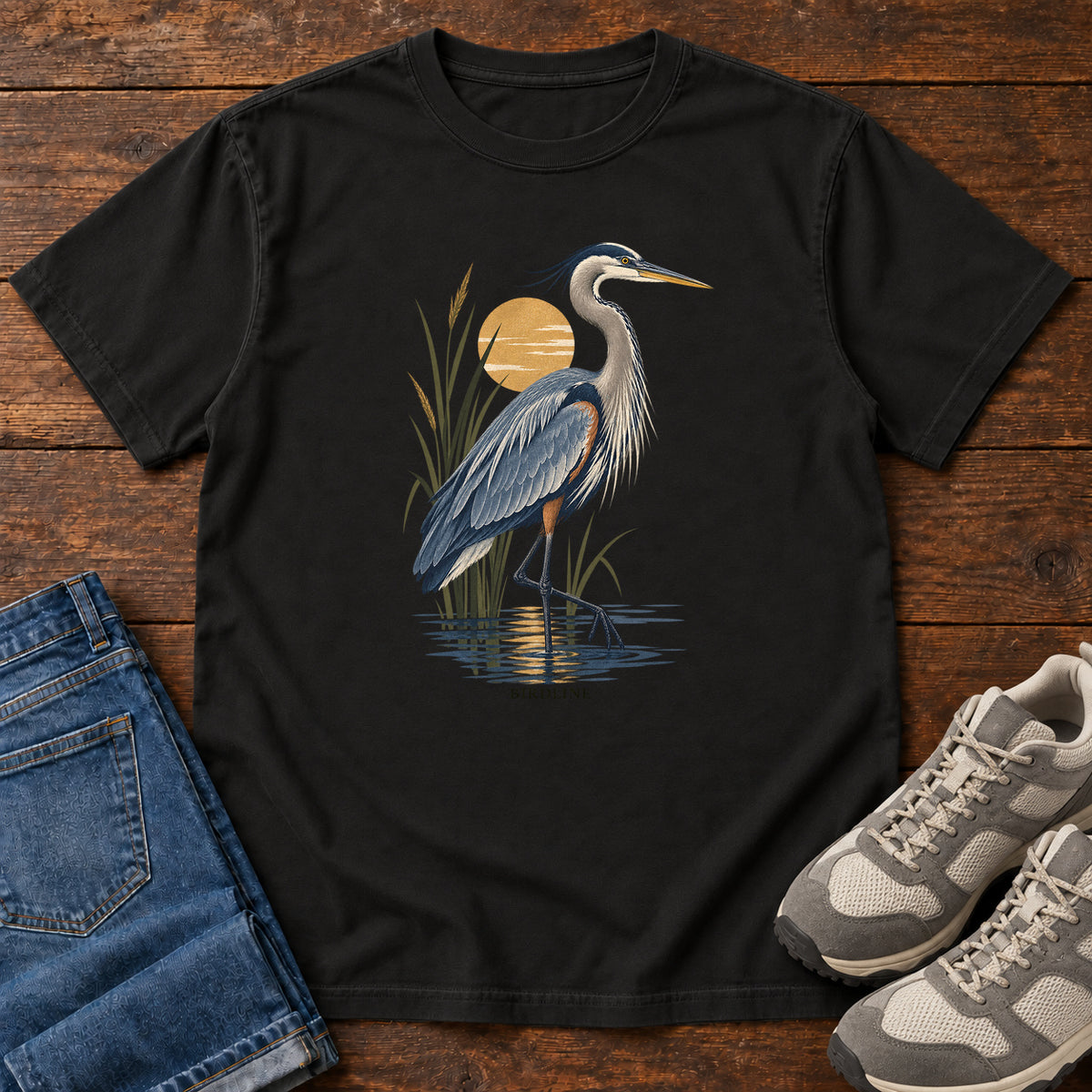 Great Blue Heron Sunrise T-Shirt in Black