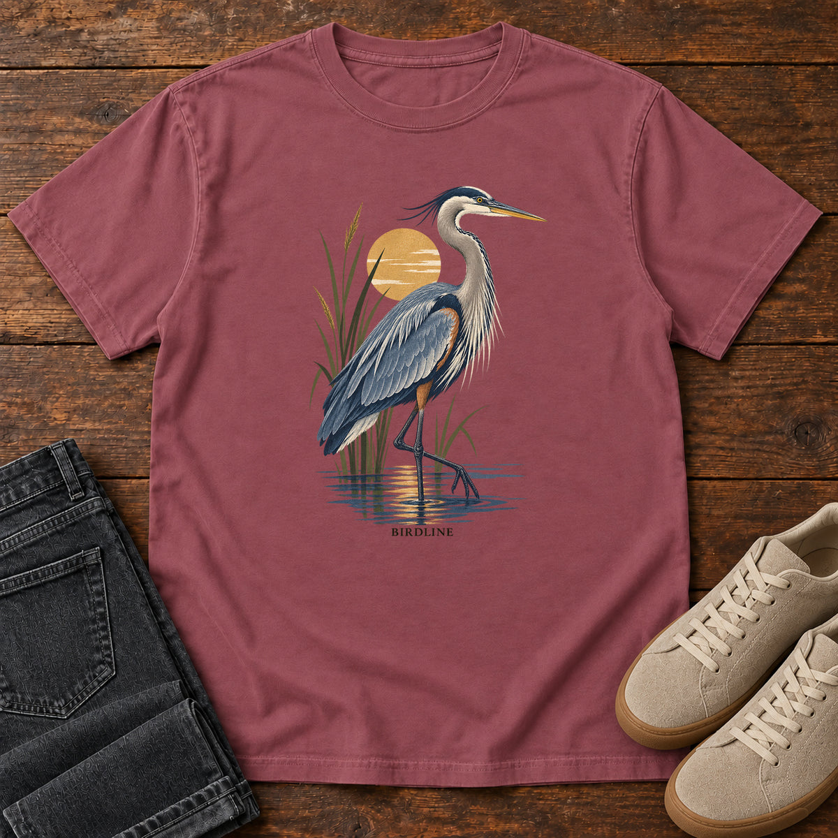 Great Blue Heron Sunrise T-Shirt in Brick