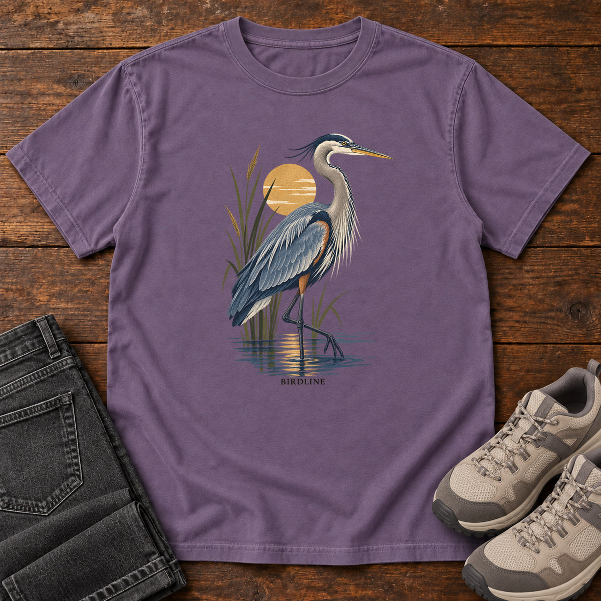 Great Blue Heron Sunrise T-Shirt in Grape
