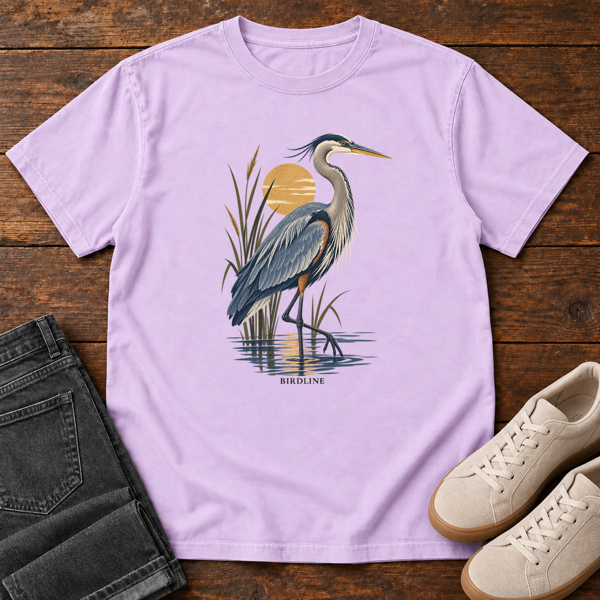 Great Blue Heron Sunrise T-Shirt in Orchid