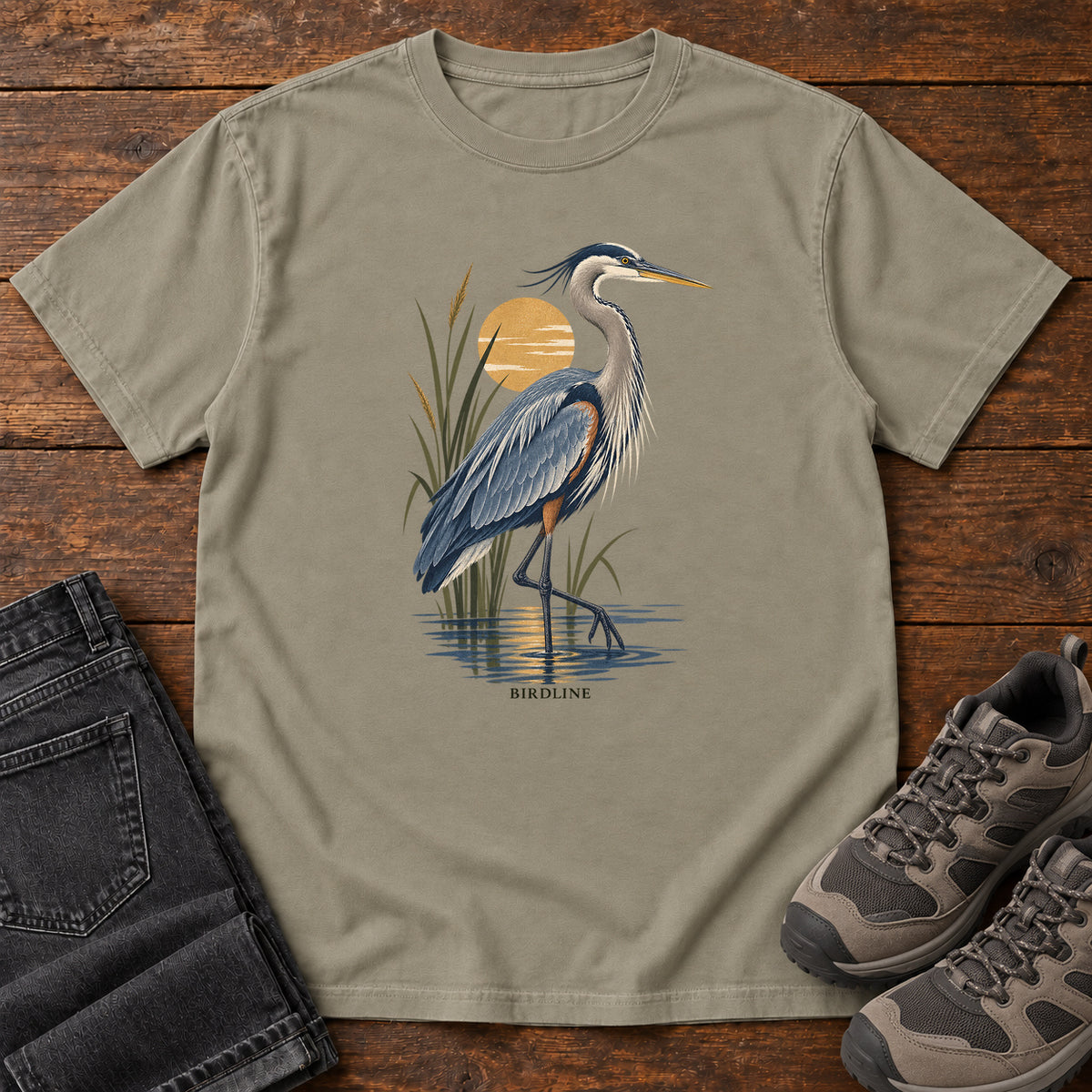 Great Blue Heron Sunrise T-Shirt in Sandstone