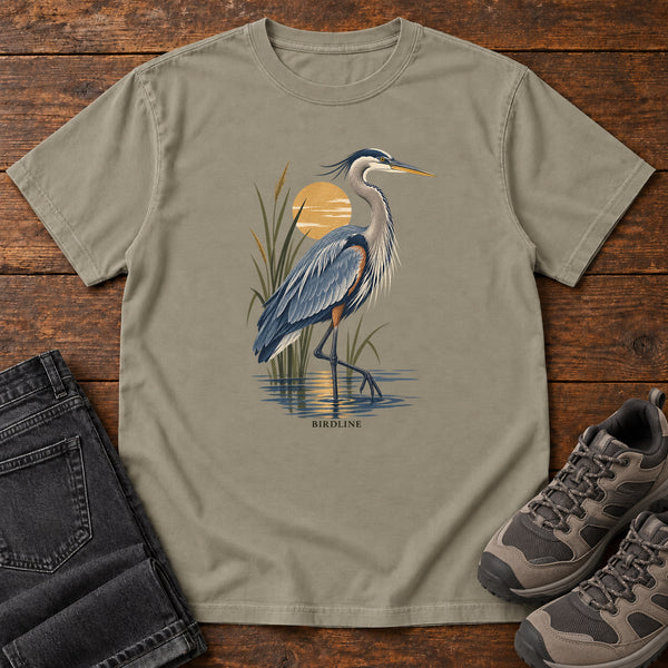 Great Blue Heron Sunrise T-Shirt in Sandstone, front view