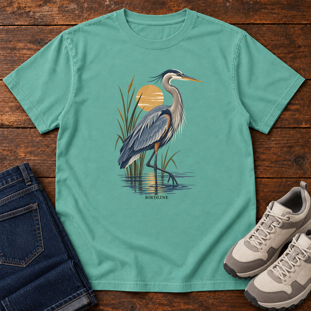 Great Blue Heron Sunrise T-Shirt in Seafoam