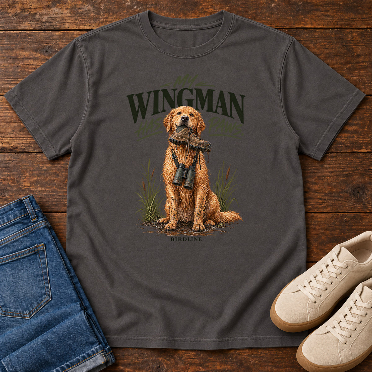 Graphite My Wingman Has Paws Retriever T-Shirt with a seated golden dog wearing binoculars beneath the slogan, front flat lay on wood.
