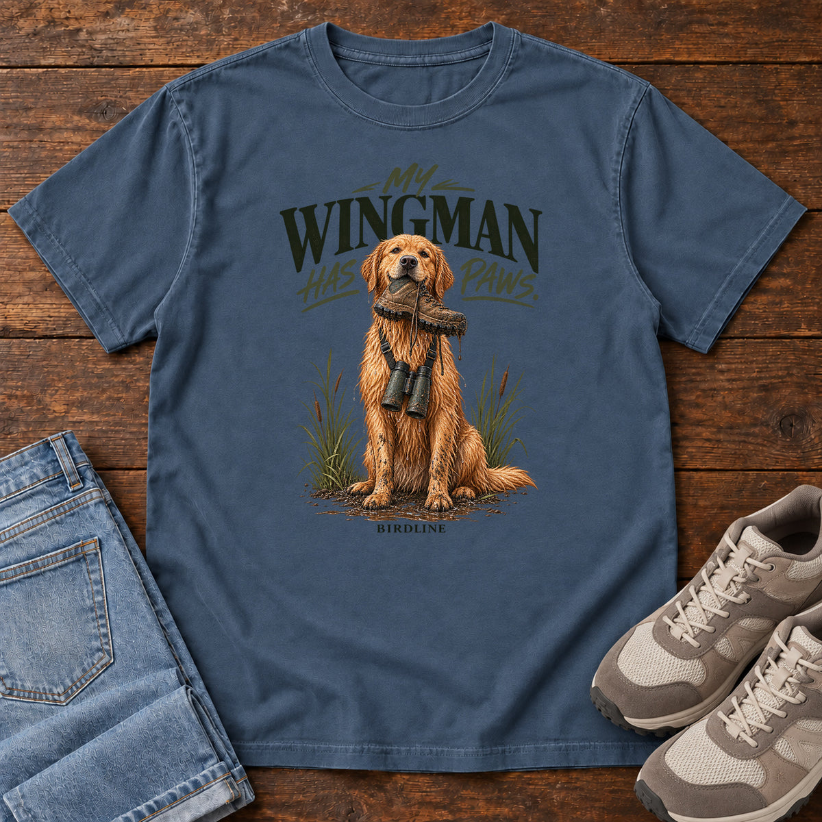 Midnight My Wingman Has Paws Retriever T-Shirt with a seated golden dog wearing binoculars beneath the slogan, front flat lay on wood.