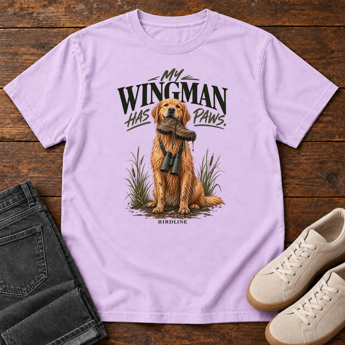 Orchid My Wingman Has Paws Retriever T-Shirt with a seated golden dog wearing binoculars beneath the slogan, front flat lay on wood.
