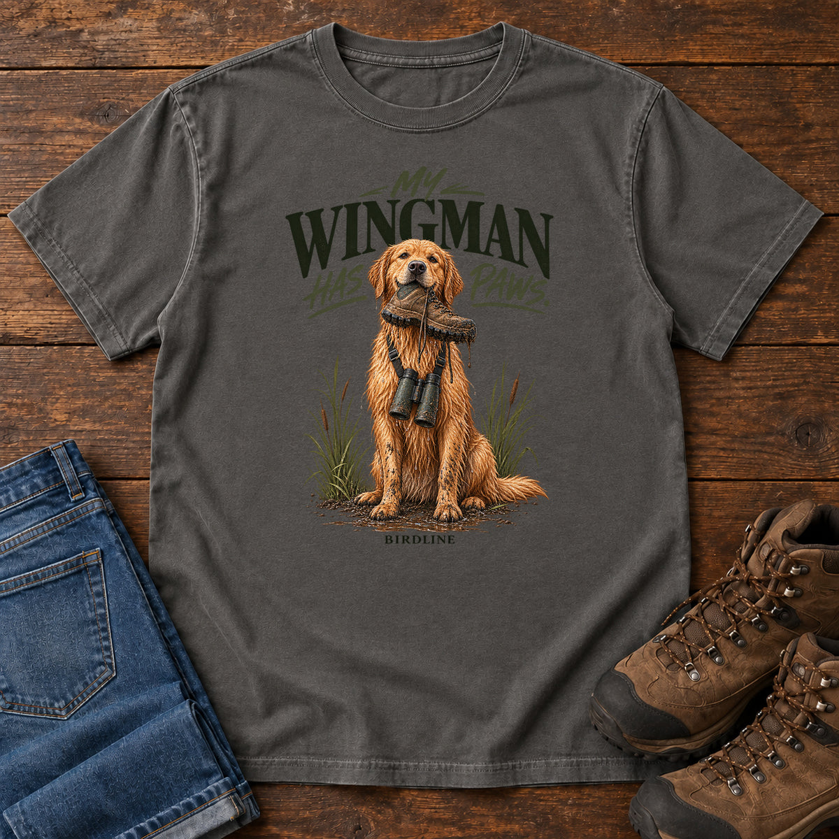 Pepper My Wingman Has Paws Retriever T-Shirt with a seated golden dog wearing binoculars beneath the slogan, front flat lay on wood.