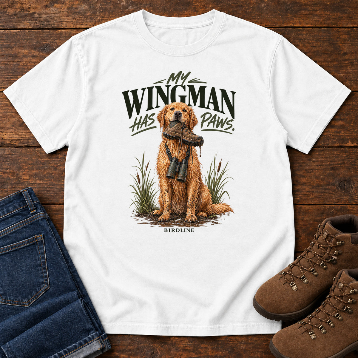 White My Wingman Has Paws Retriever T-Shirt with a seated golden dog wearing binoculars beneath the slogan, front flat lay on wood.