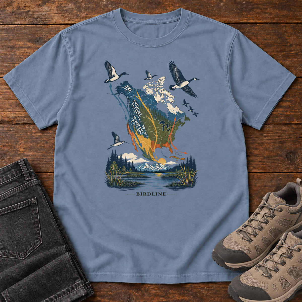 Bird Migration Map North America T-Shirt in Blue Jean