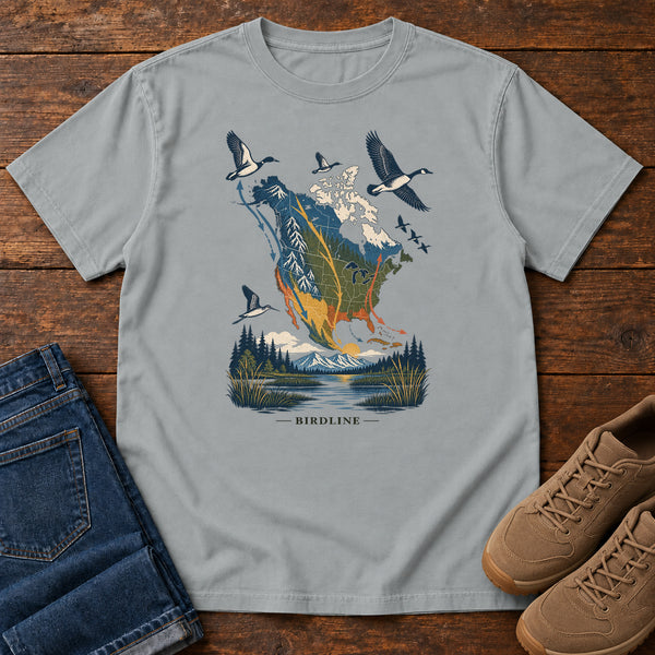Bird Migration Map North America T-Shirt in Granite, front view