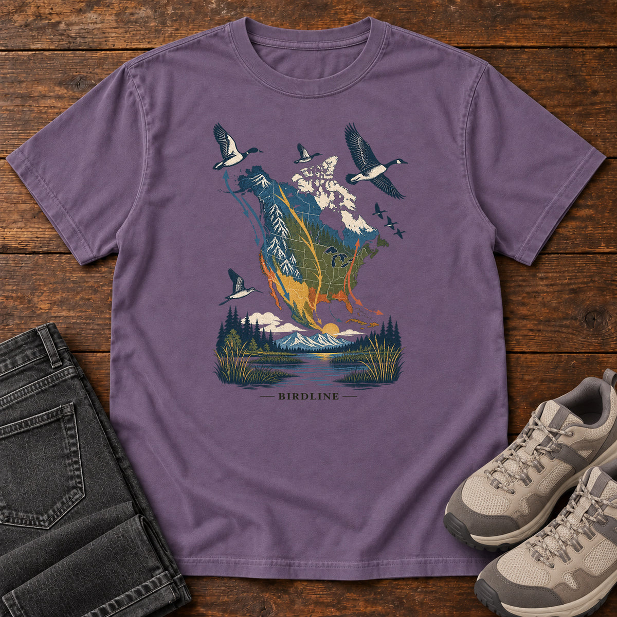 Bird Migration Map North America T-Shirt in Grape
