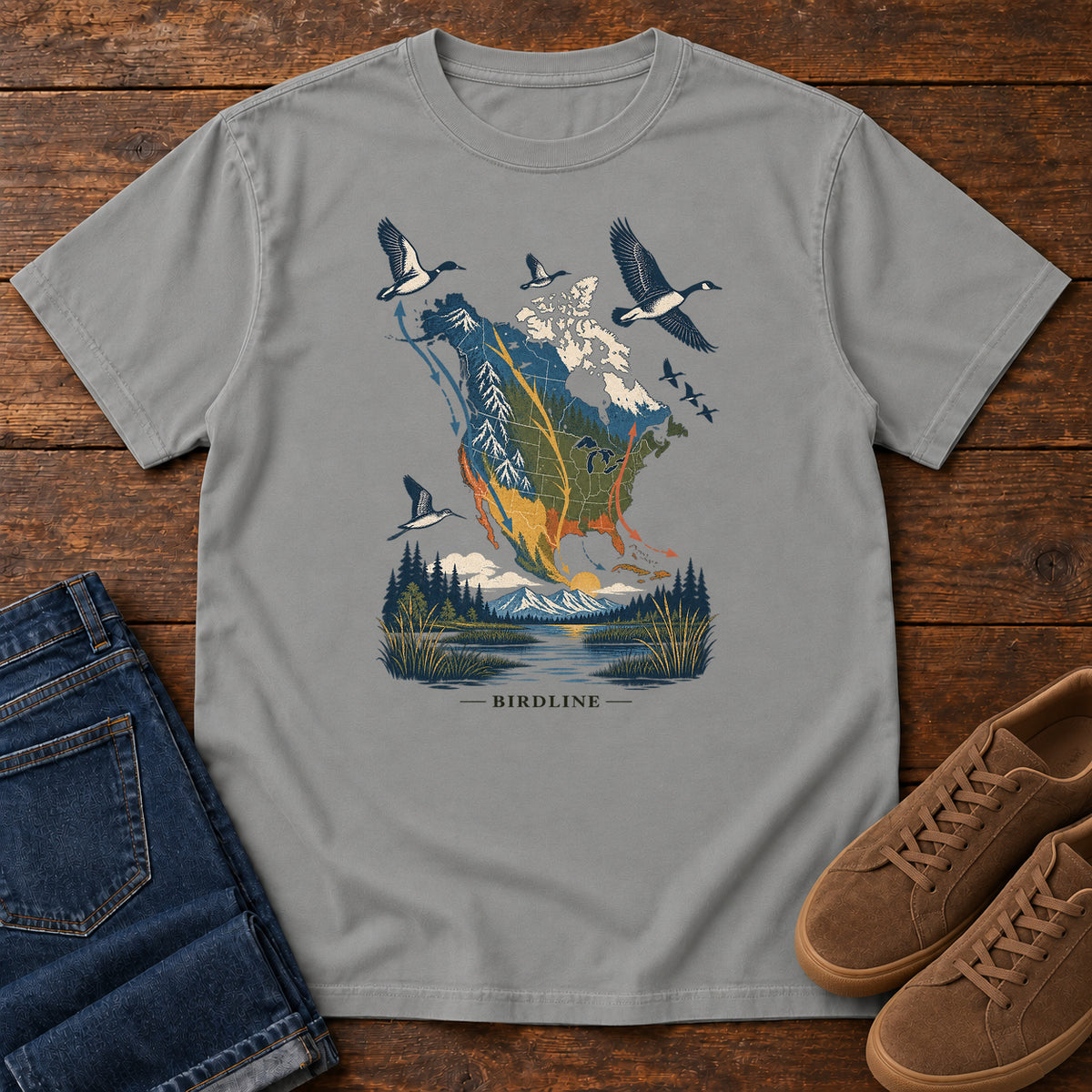 Bird Migration Map North America T-Shirt in Grey