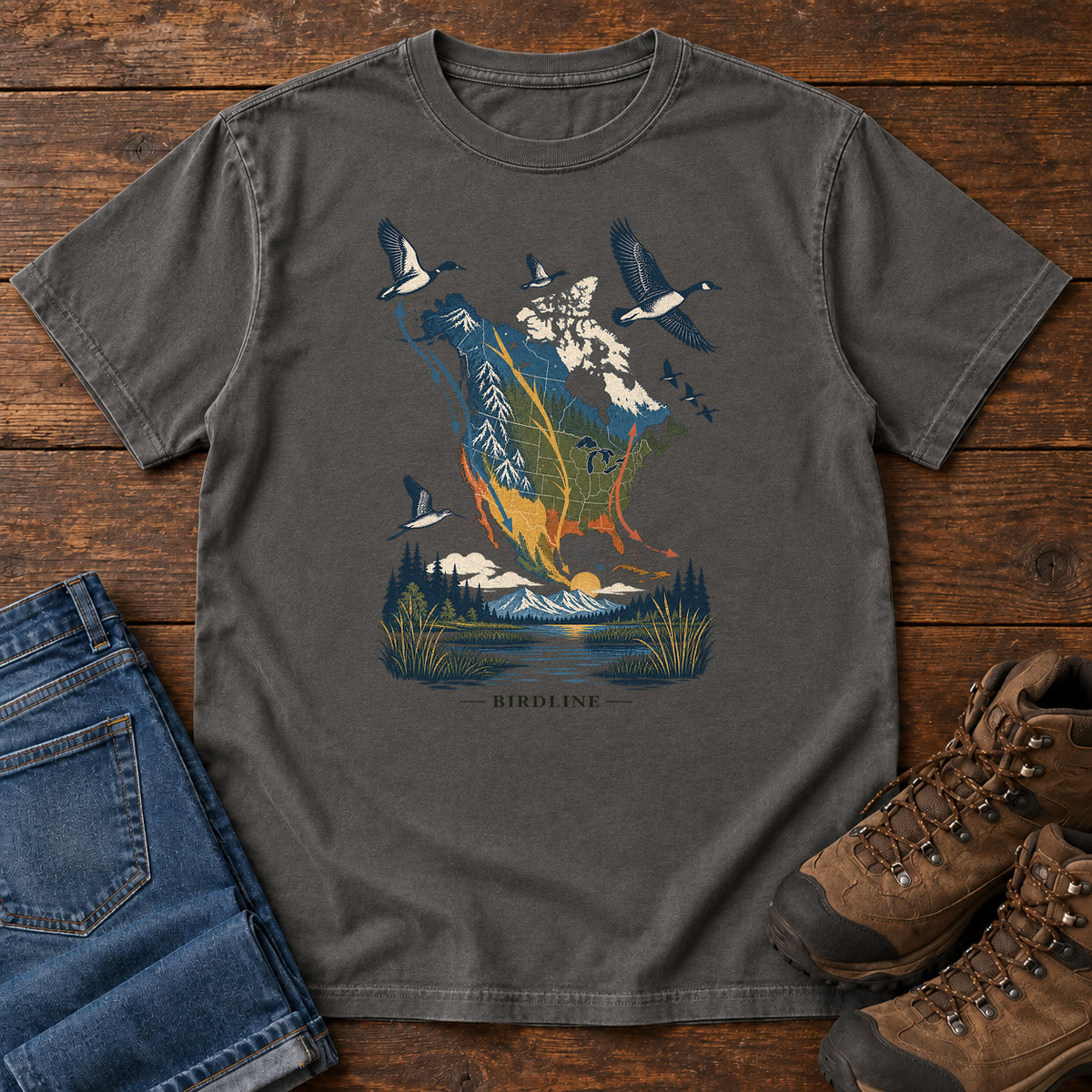 Bird Migration Map North America T-Shirt in Pepper