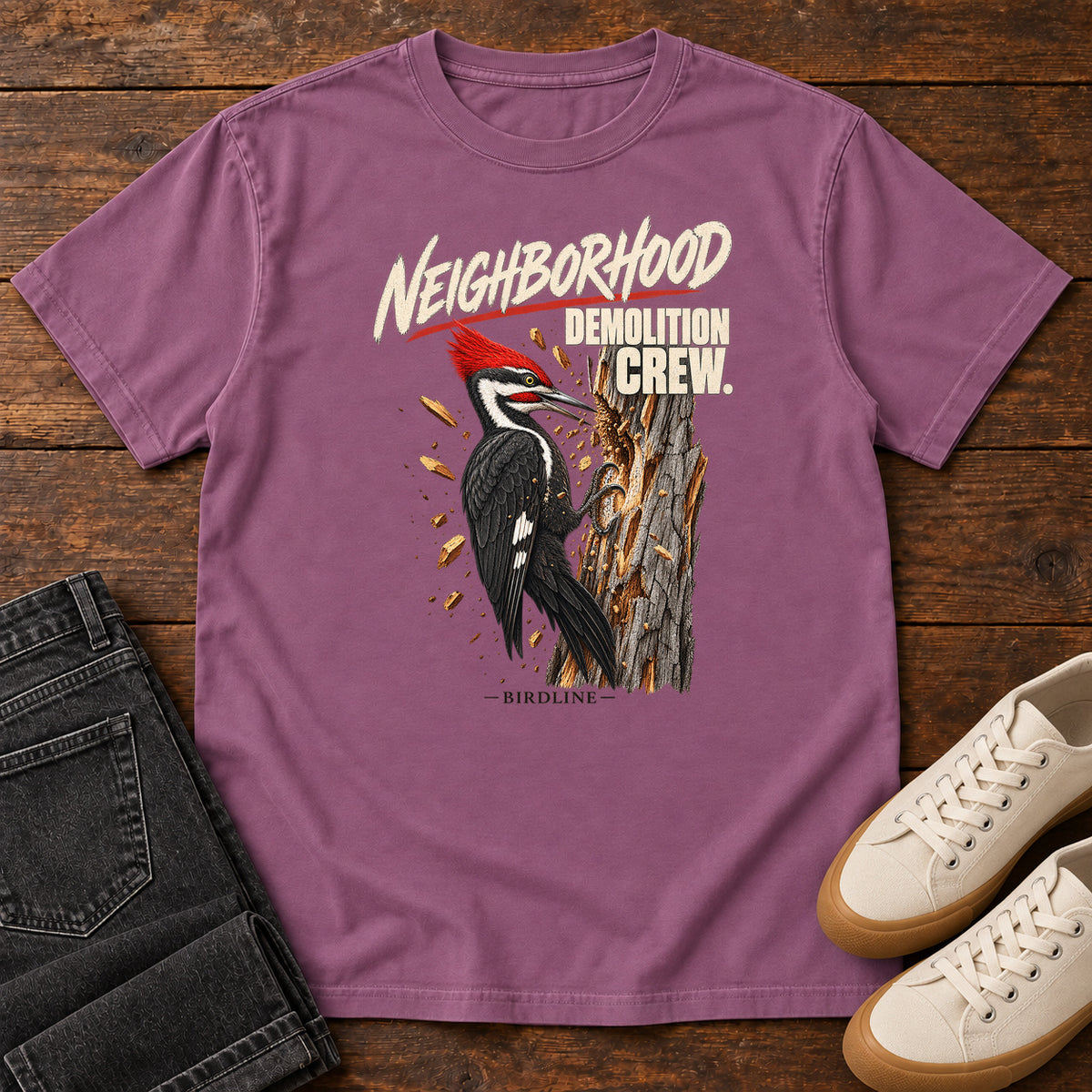 Neighborhood Demolition Crew Pileated Woodpecker T-Shirt in Berry