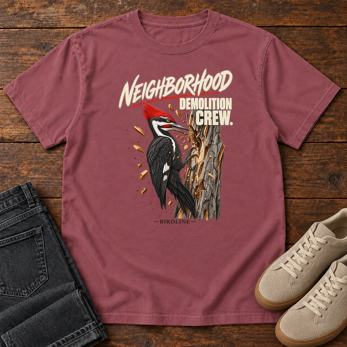 Neighborhood Demolition Crew Pileated Woodpecker T-Shirt in Brick