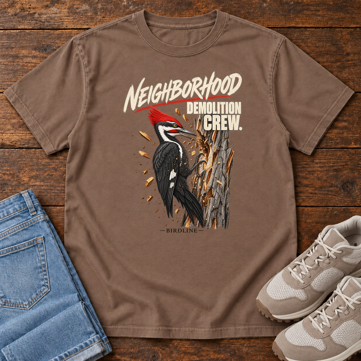 Neighborhood Demolition Crew Pileated Woodpecker T-Shirt in Espresso
