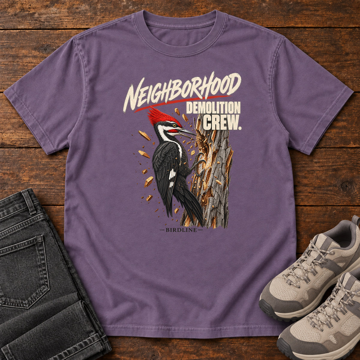 Neighborhood Demolition Crew Pileated Woodpecker T-Shirt in Grape