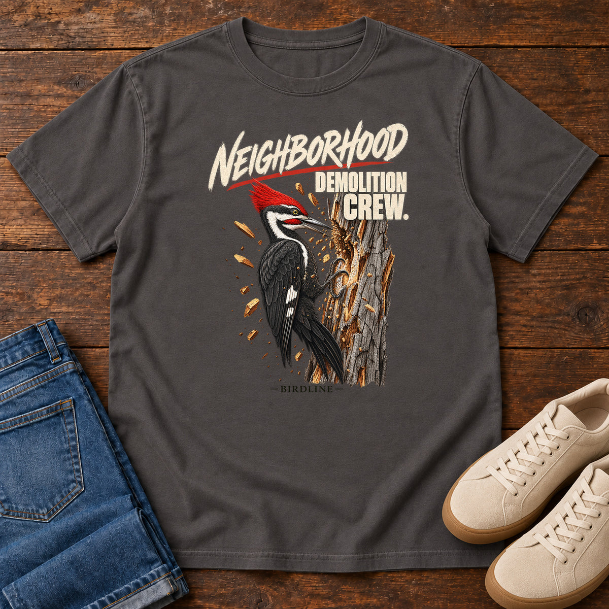 Neighborhood Demolition Crew Pileated Woodpecker T-Shirt in Graphite