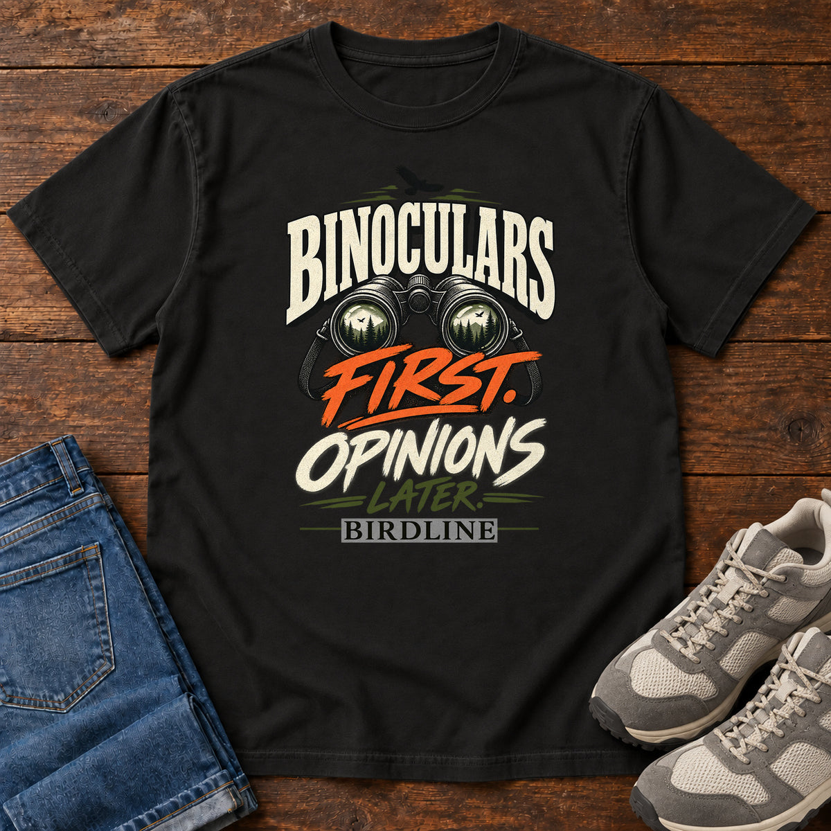 Binoculars First Opinions Later T-Shirt in Black