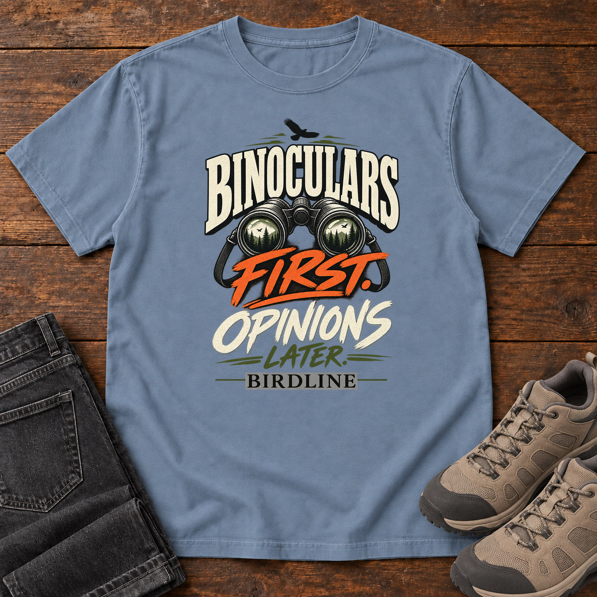 Binoculars First Opinions Later T-Shirt in Blue Jean