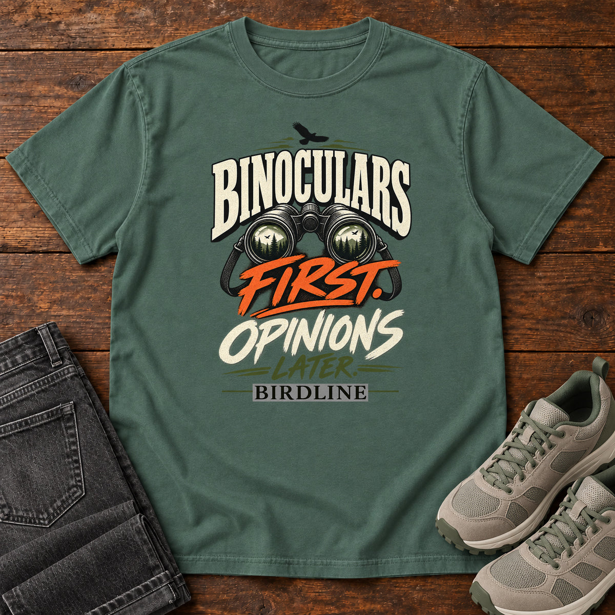Binoculars First Opinions Later T-Shirt in Blue Spruce