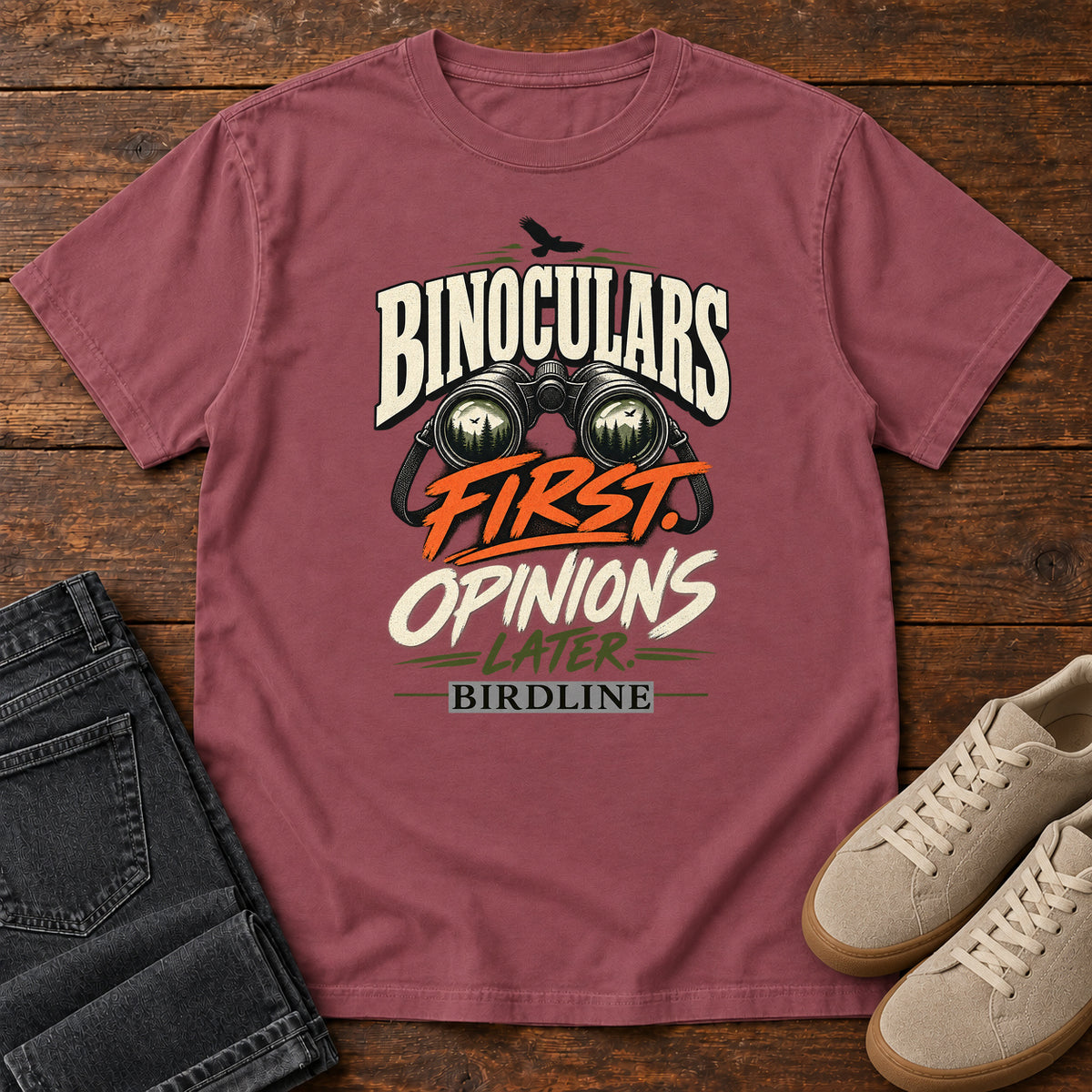 Binoculars First Opinions Later T-Shirt in Brick