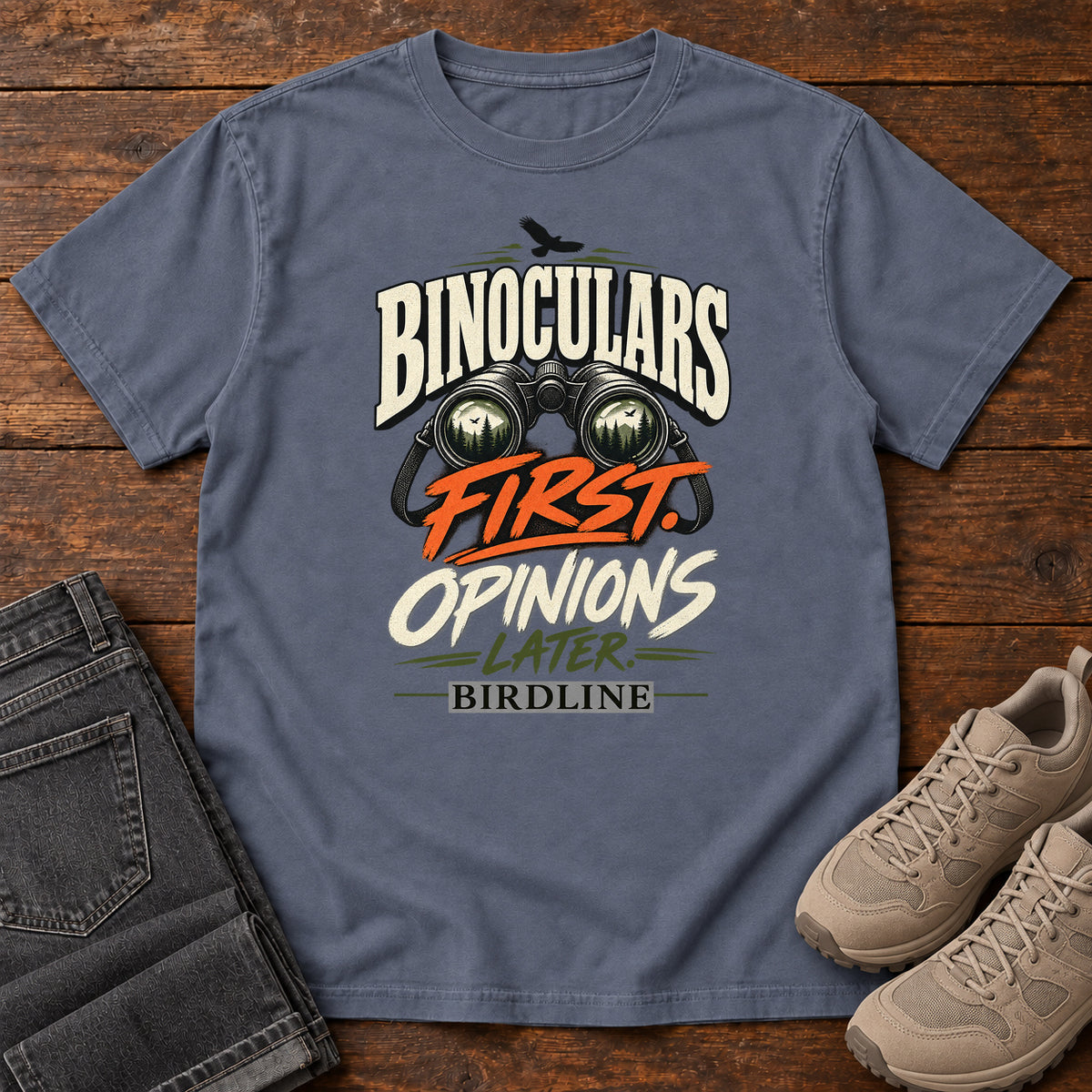 Binoculars First Opinions Later T-Shirt in Denim