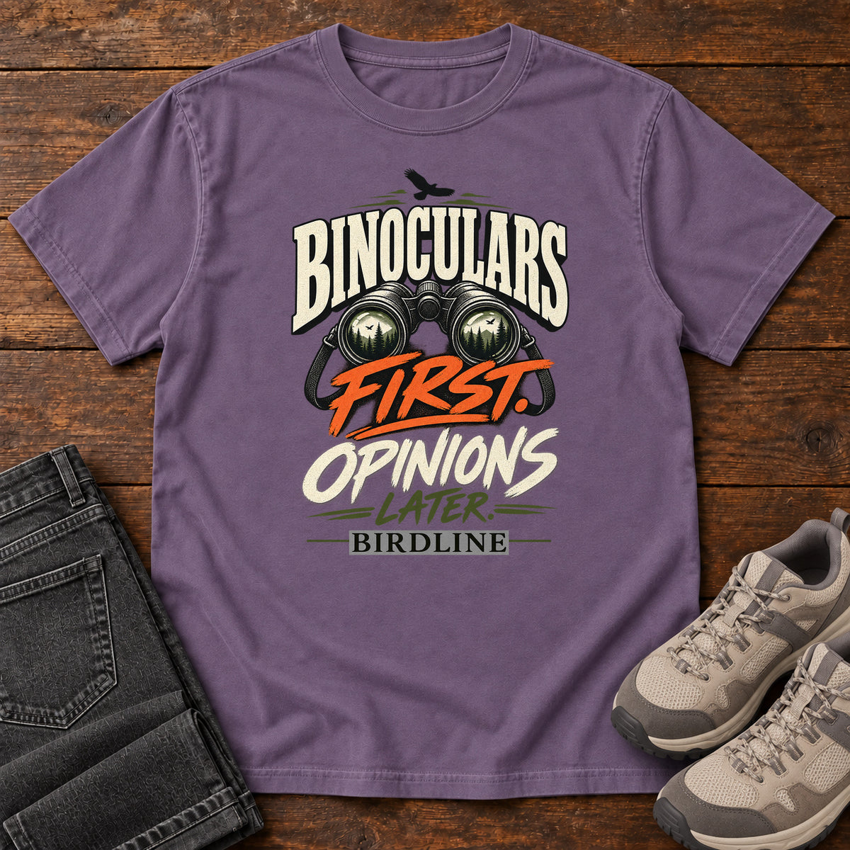 Binoculars First Opinions Later T-Shirt in Grape
