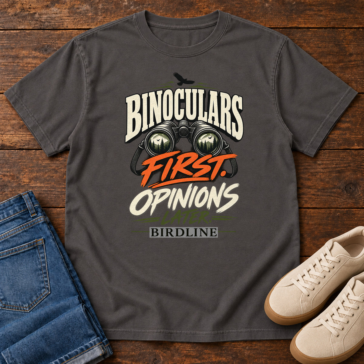 Binoculars First Opinions Later T-Shirt in Graphite