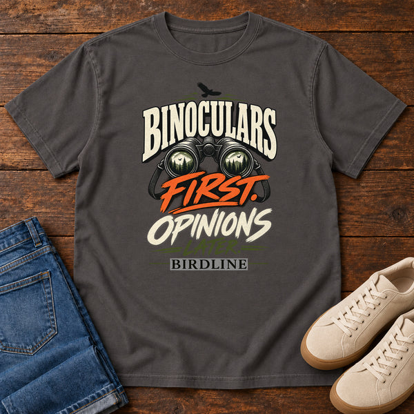Binoculars First Opinions Later T-Shirt in Graphite, front view