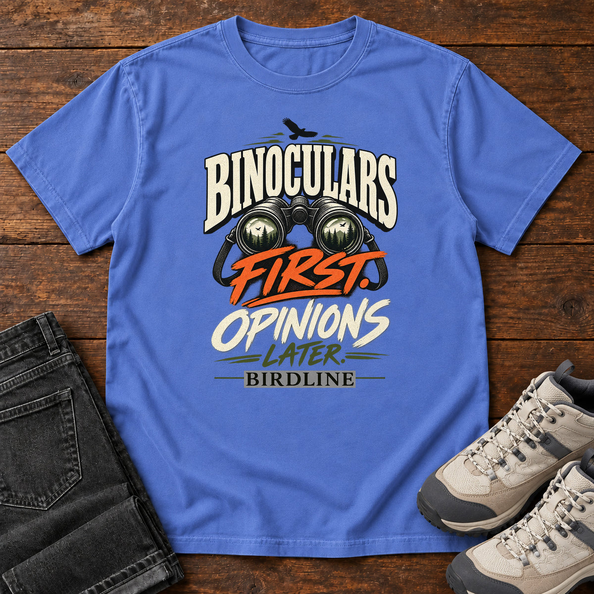 Binoculars First Opinions Later T-Shirt in Mystic Blue