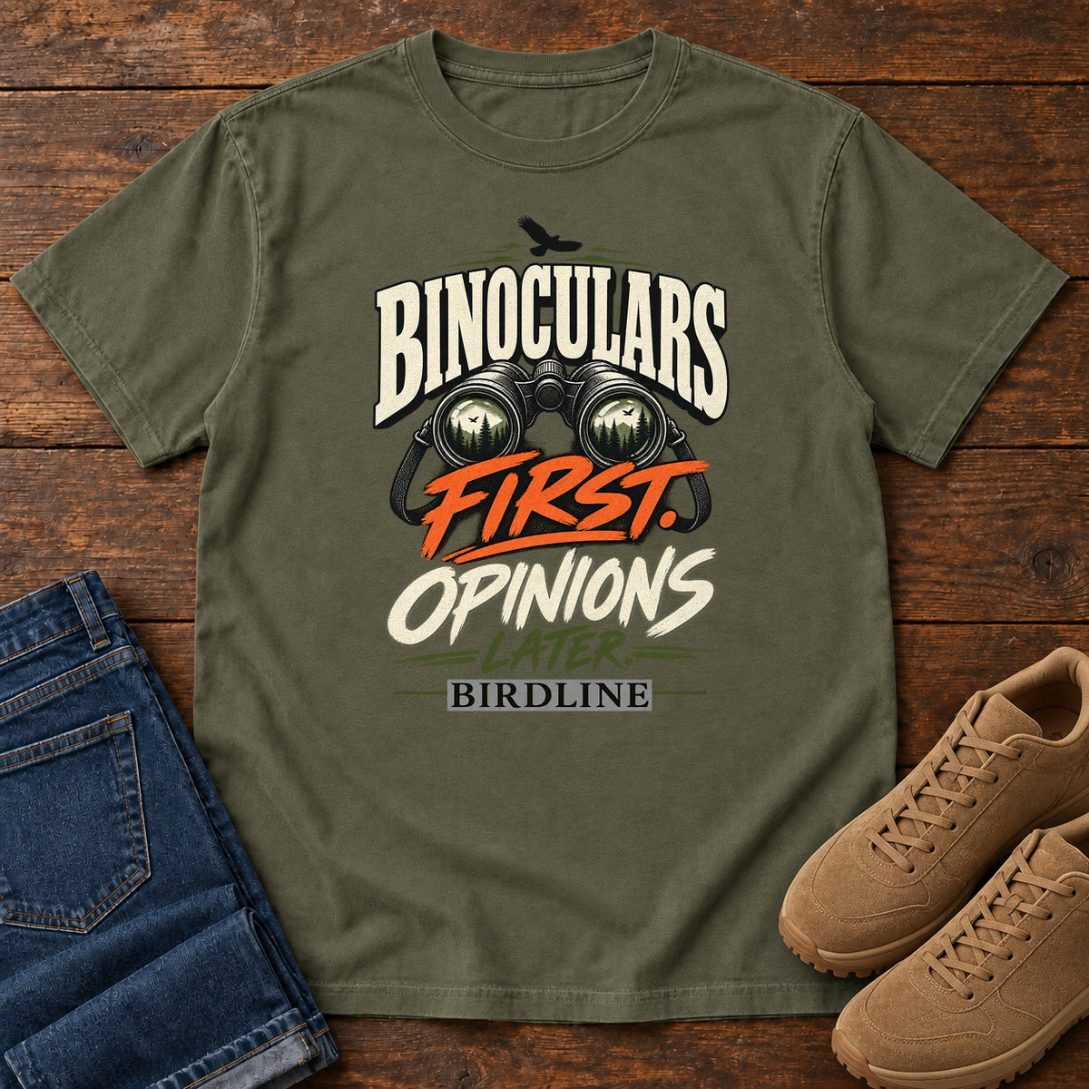 Binoculars First Opinions Later T-Shirt in Sage