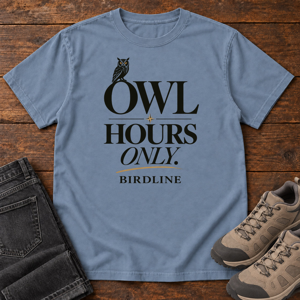 Owl Hours Only T-Shirt in Blue Jean