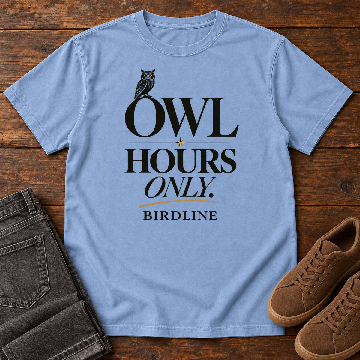 Owl Hours Only T-Shirt in Washed Denim