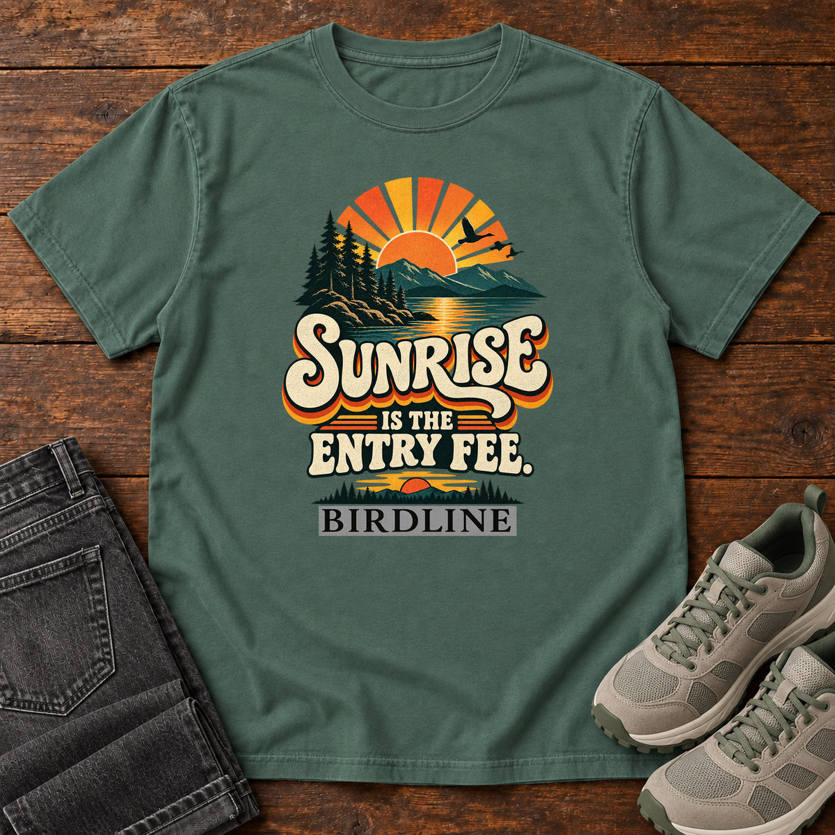 Sunrise Is the Entry Fee T-Shirt in Blue Spruce