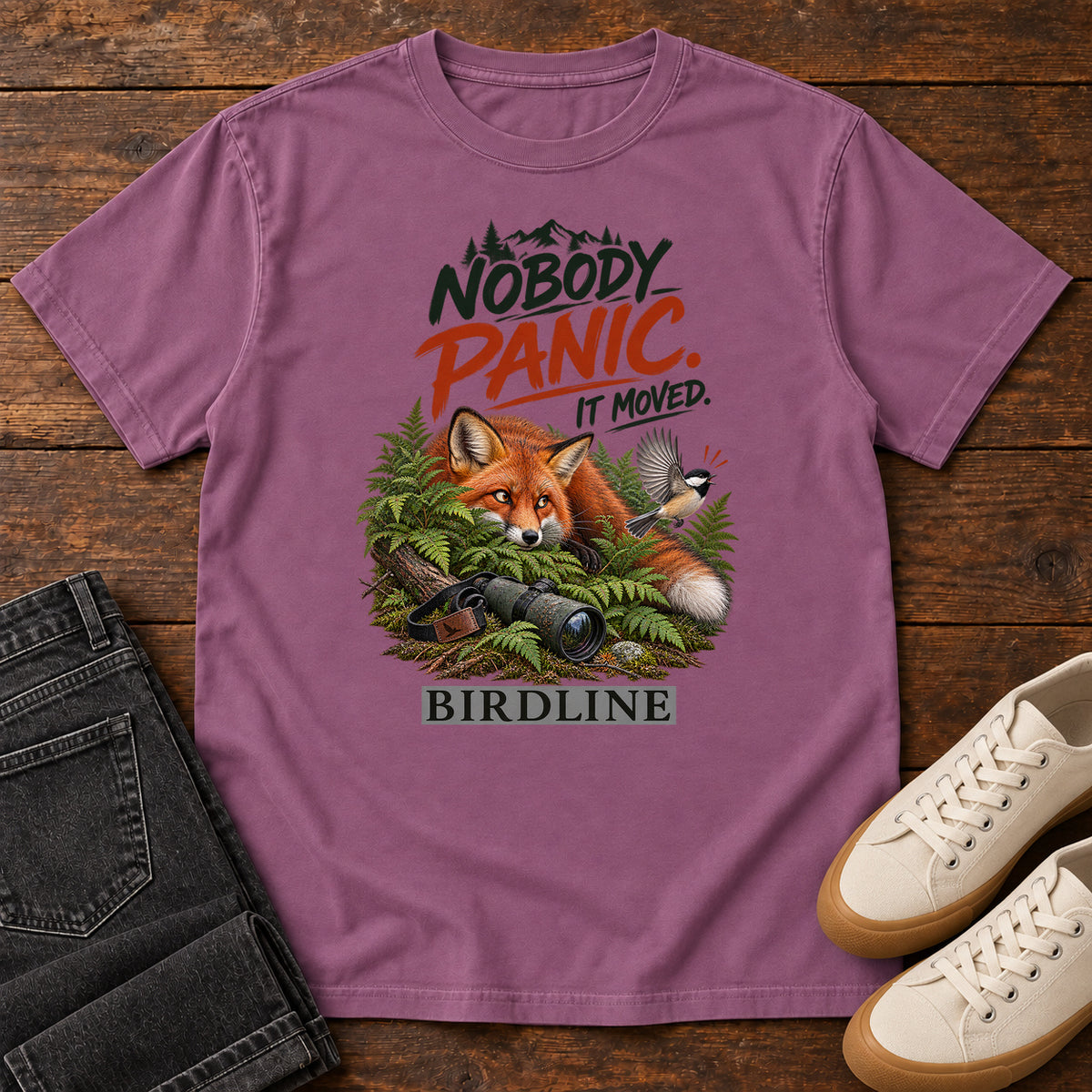 Nobody Panic It Moved Fox T-Shirt in Berry