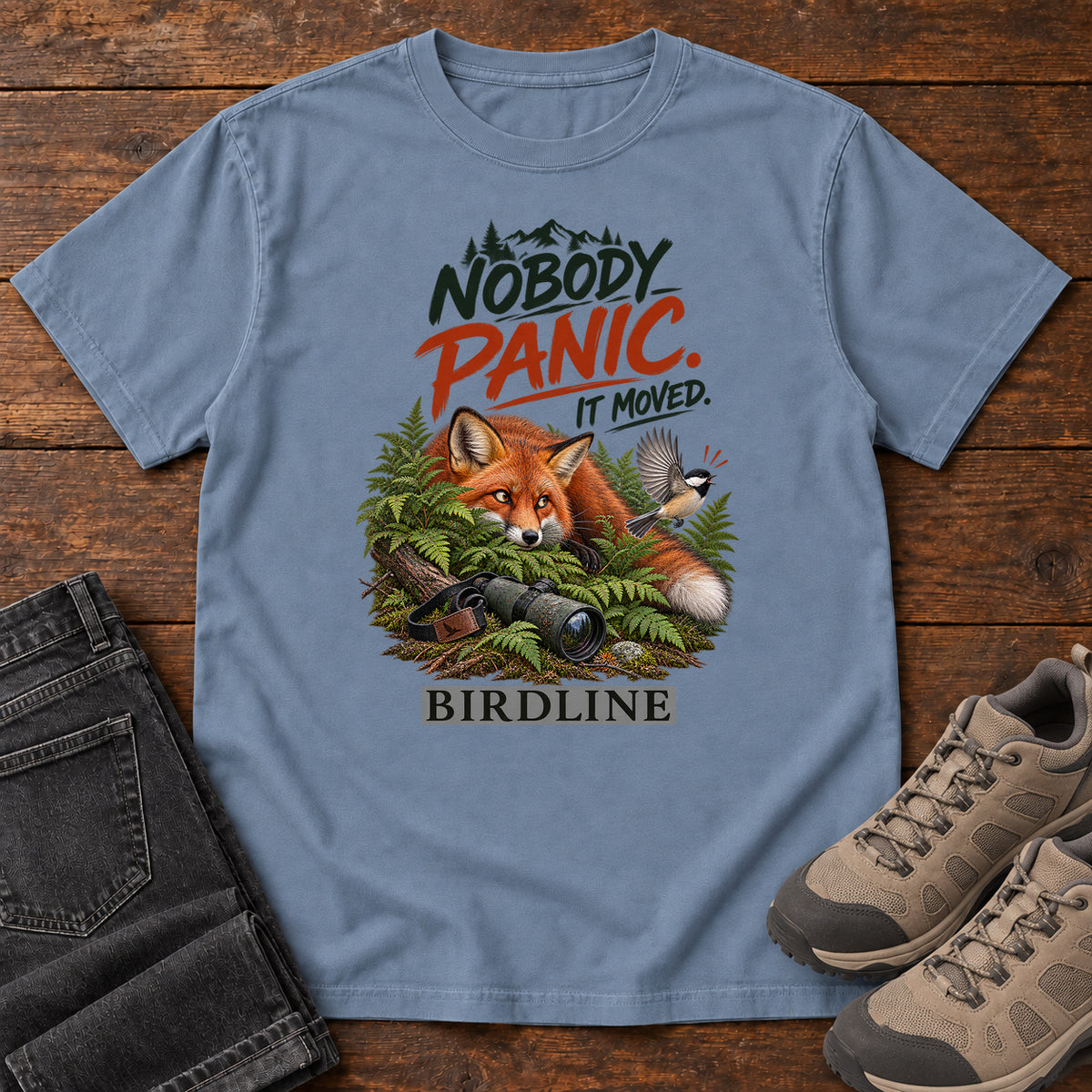Nobody Panic It Moved Fox T-Shirt in Blue Jean