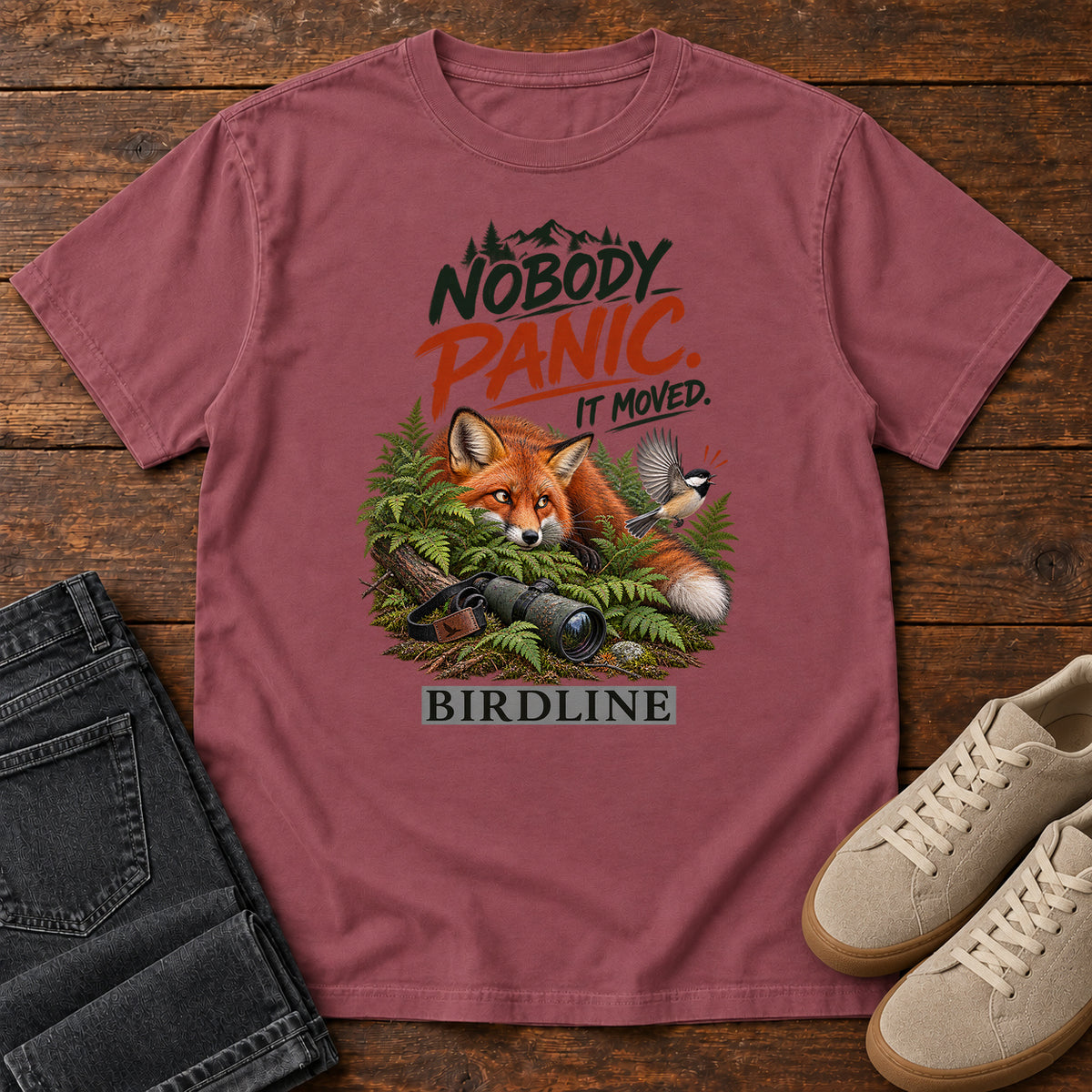 Nobody Panic It Moved Fox T-Shirt in Brick