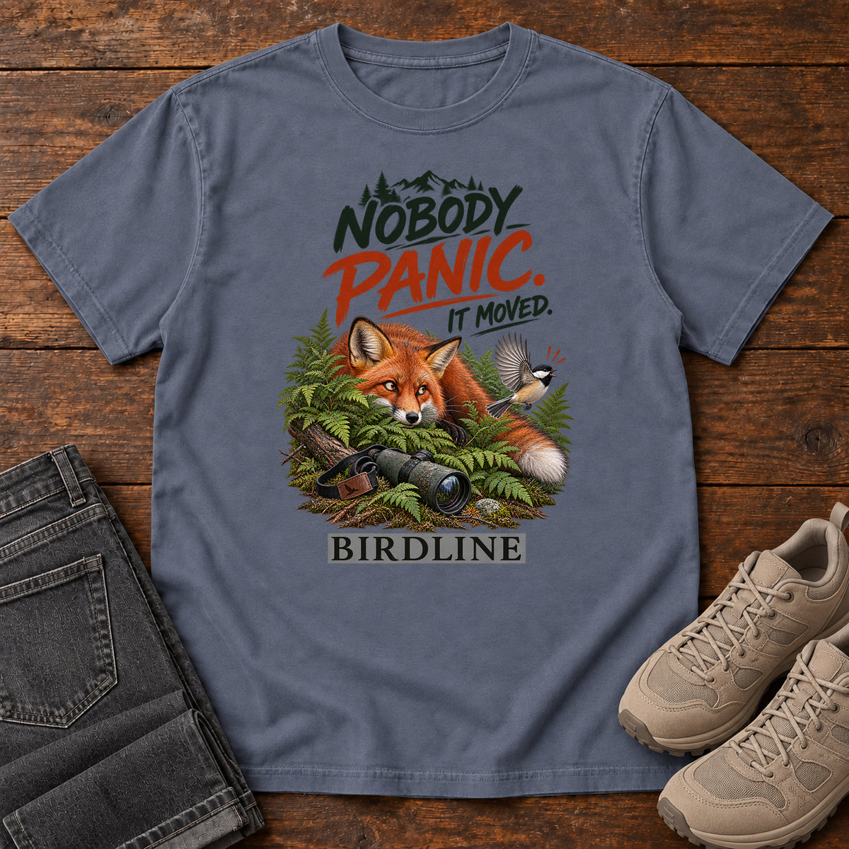 Nobody Panic It Moved Fox T-Shirt in Denim