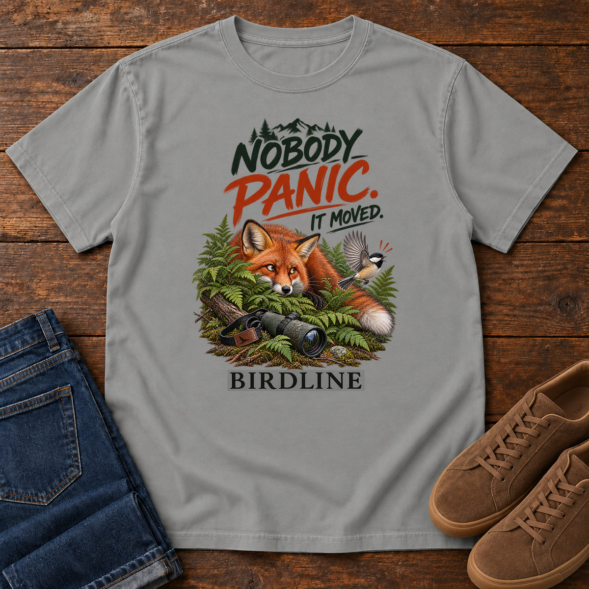 Nobody Panic It Moved Fox T-Shirt in Grey