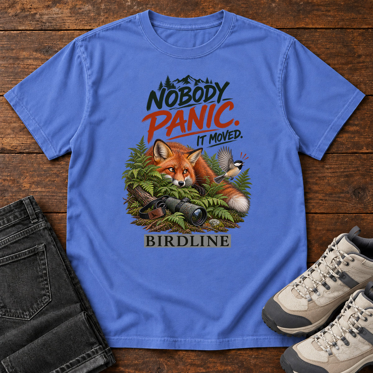 Nobody Panic It Moved Fox T-Shirt in Mystic Blue