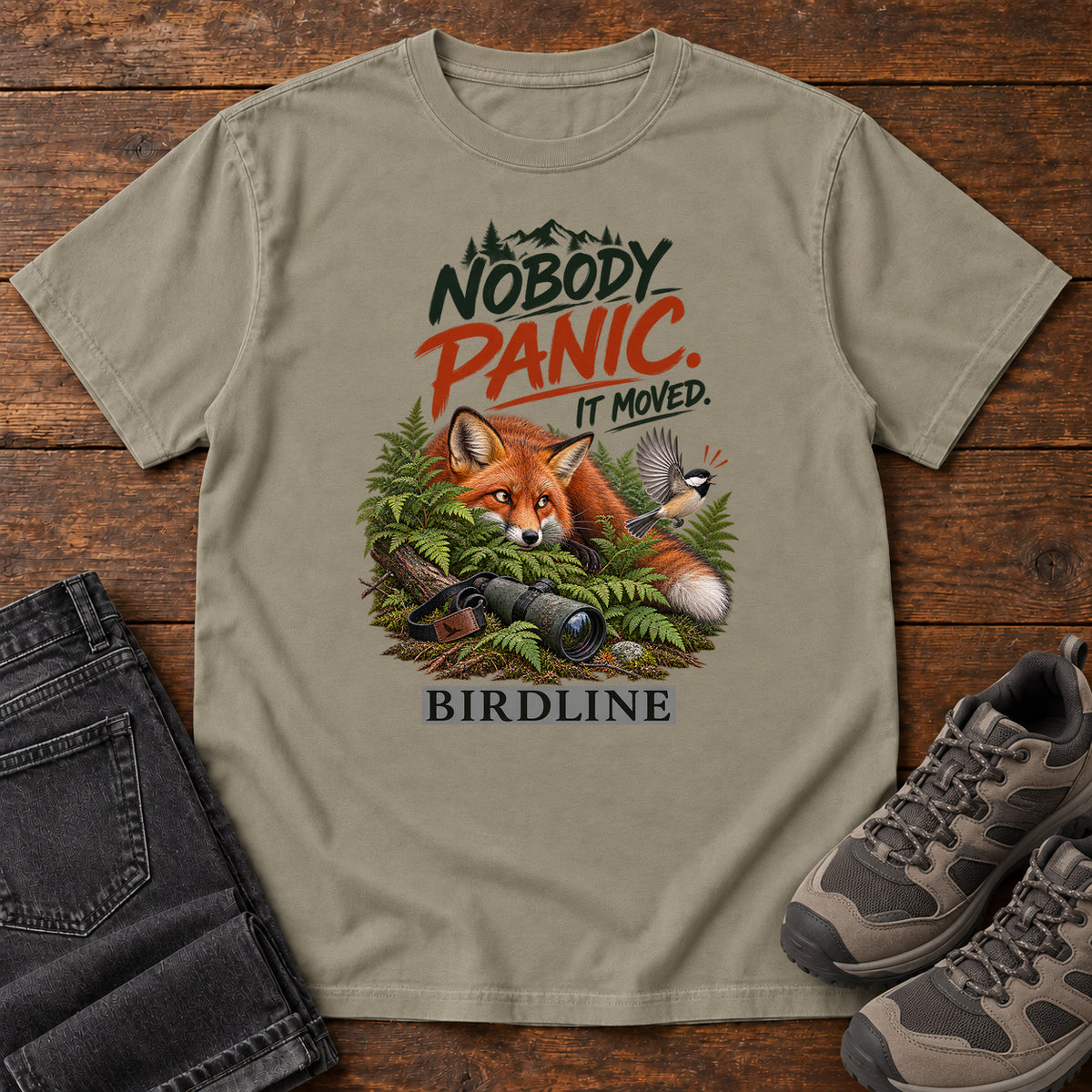 Nobody Panic It Moved Fox T-Shirt in Sandstone