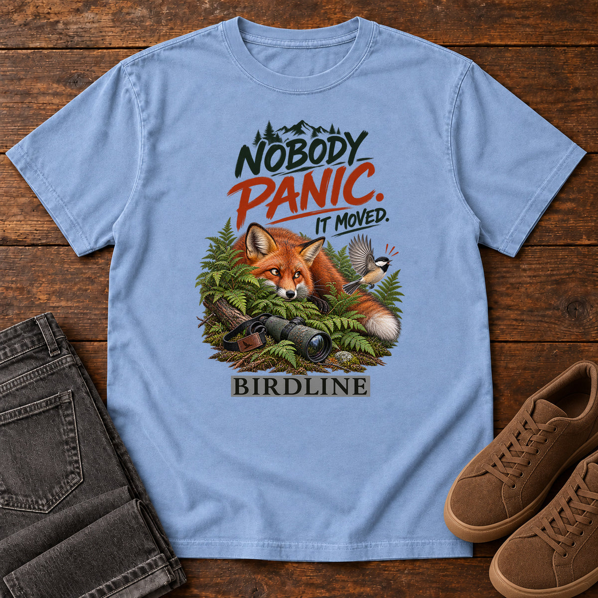 Nobody Panic It Moved Fox T-Shirt in Washed Denim