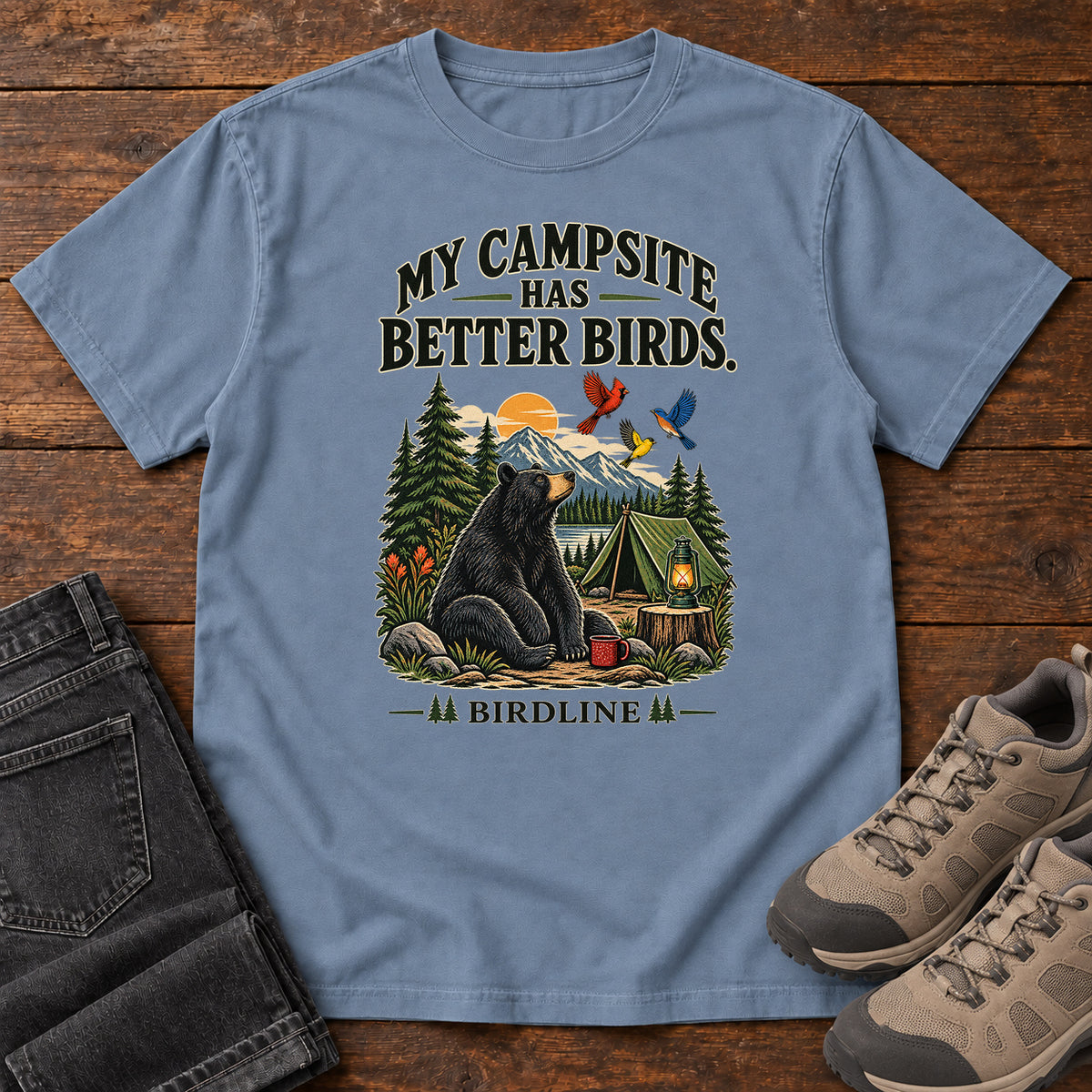 My Campsite Has Better Birds Bear T-Shirt in Blue Jean