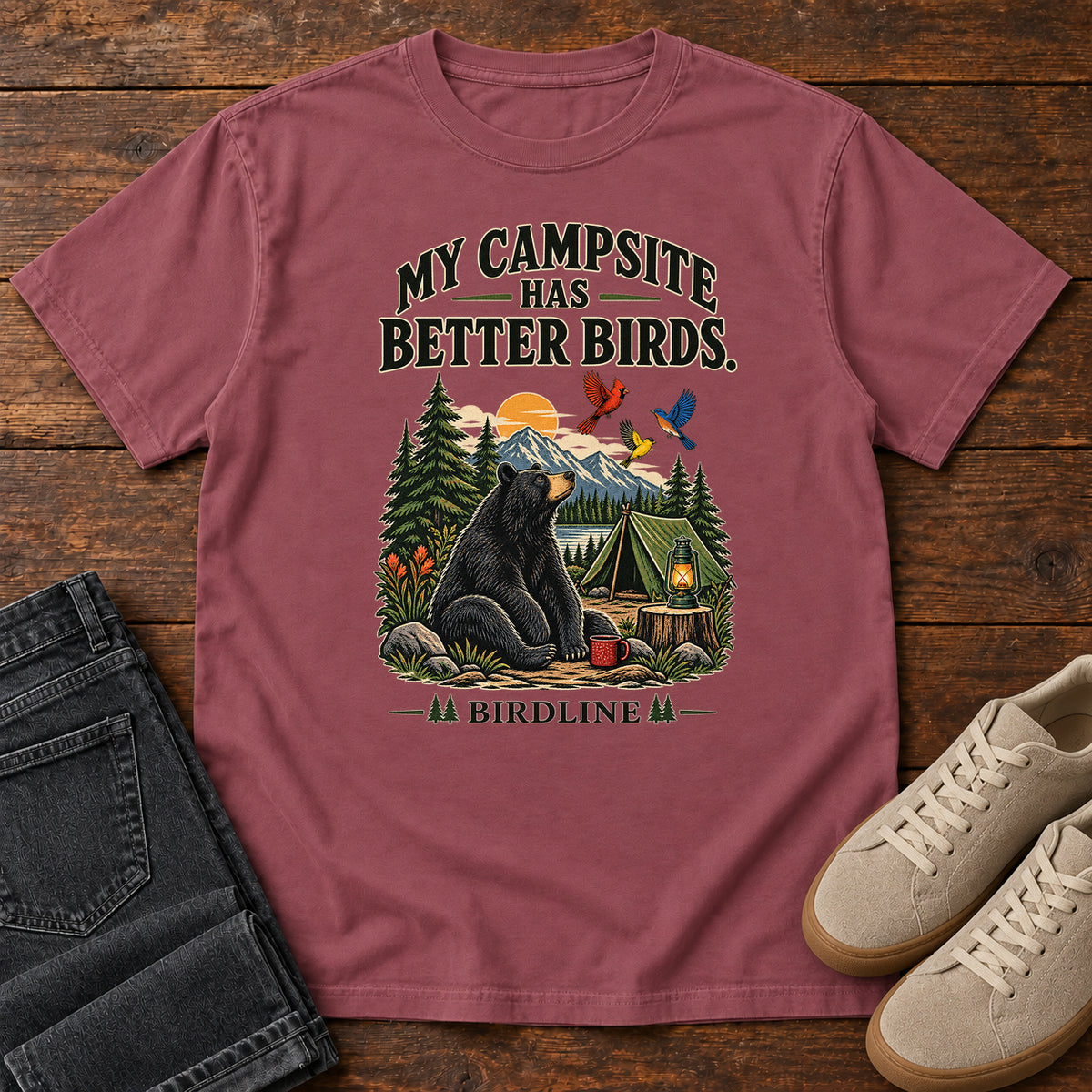 My Campsite Has Better Birds Bear T-Shirt in Brick