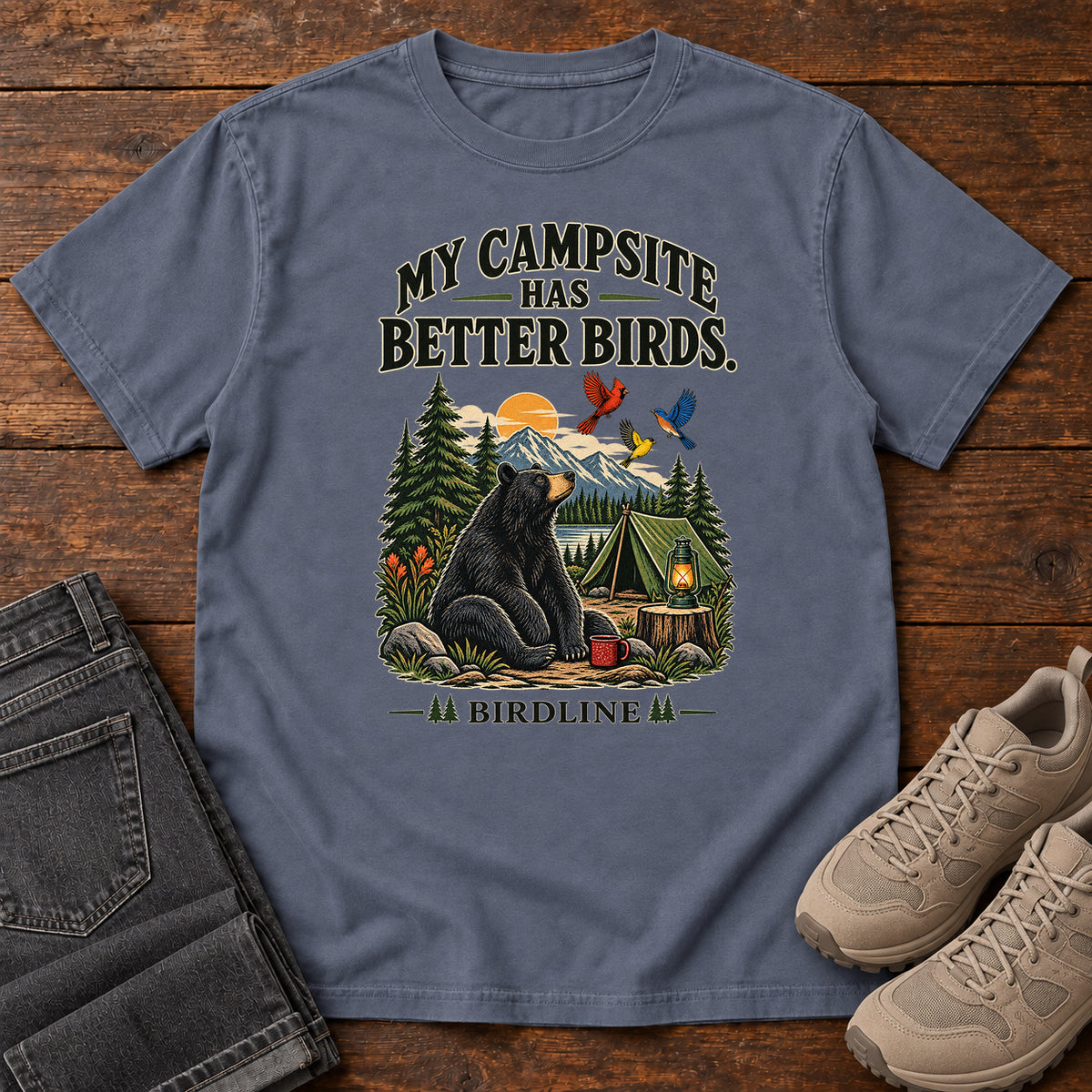 My Campsite Has Better Birds Bear T-Shirt in Denim