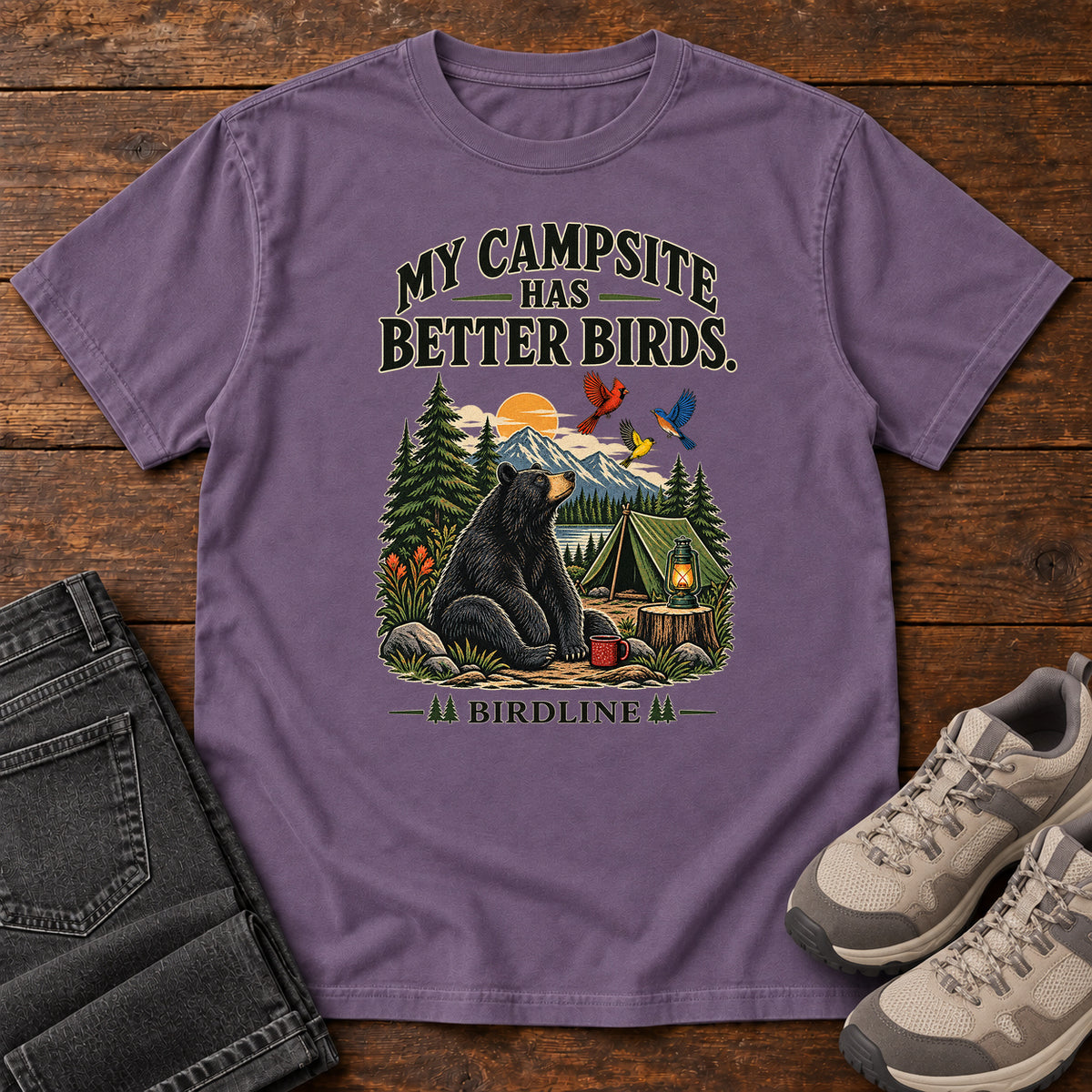 My Campsite Has Better Birds Bear T-Shirt in Grape