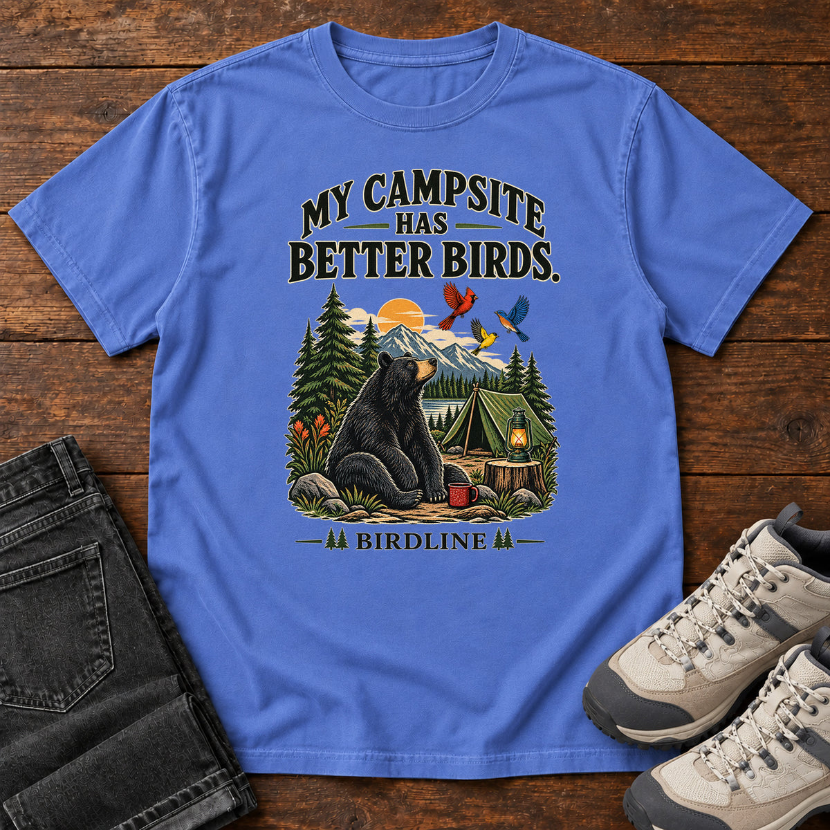 My Campsite Has Better Birds Bear T-Shirt in Mystic Blue